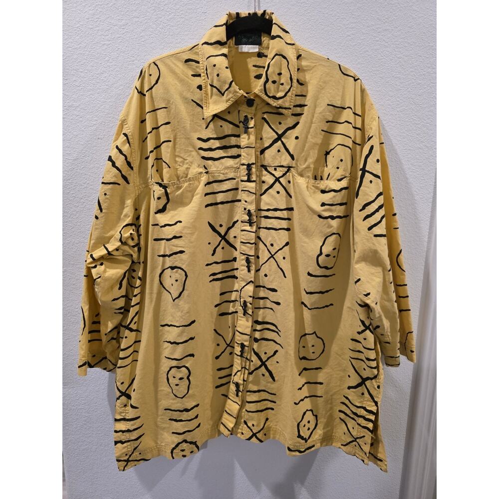 AS*HRO VTG 90s Maximalist CottonJacket YellowBlack Abstract African Button Sz XL - Picture 2 of 9